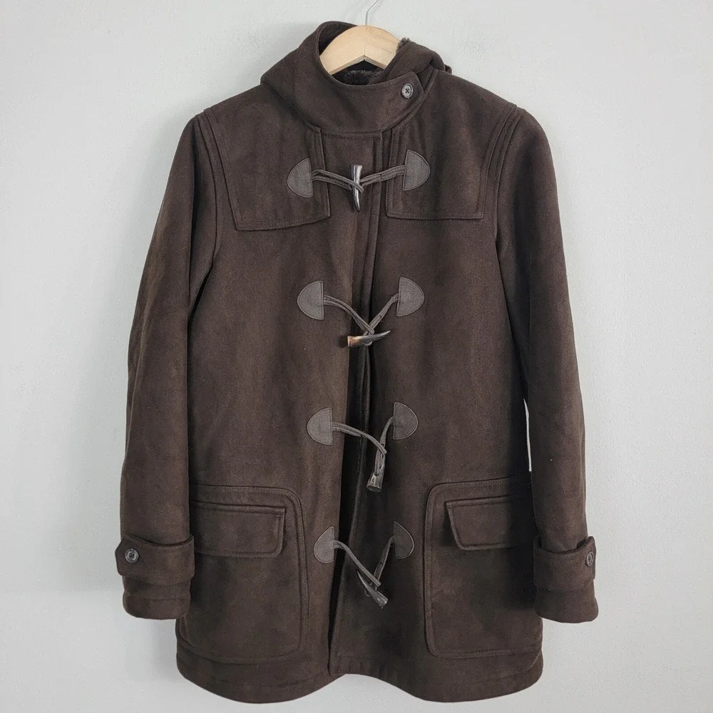 Chaps est 1978 Duffle Coat Womens Small Brown Faux Fur Suede Hooded Long‎ Sleeve